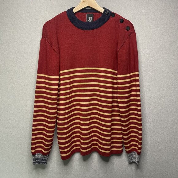 Feal Mor Mens Striped Wool Blend Sweater Shoulder Button Detail L Made in France - Picture 1 of 9